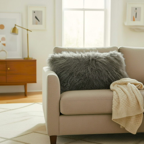 12" x 24" Tibetan Lamb Fur Lumbar Pillow Charcoal