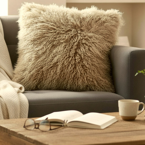24" x 24" Mongolian Lamb Real Fur Pillow / Cushion Dark Beige