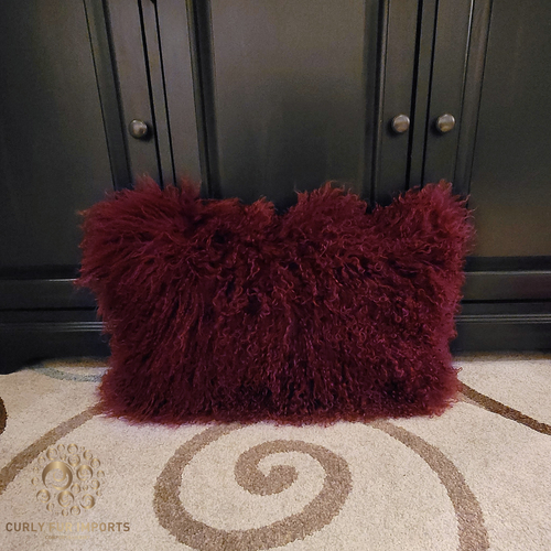 Real Mongolian Tibetan Lamb Fur Red Pillow - Soft Decorative Cushion, Tibet Style