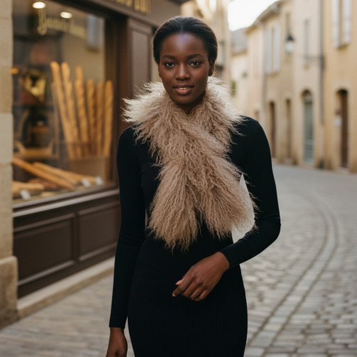Tibetan Mongolian Lamb Fur Boa Scarf Dark Beige 
