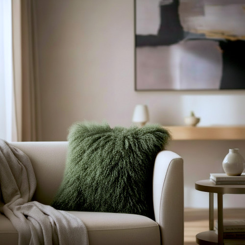 Tibetan Lamb Fur Pillow Olive Green