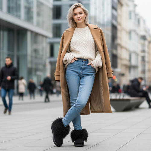 Genuine Mongolian Lamb Fur Sheepskin Ankle Boots Black