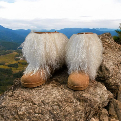 Mongolian Curly Lamb Fur Sheepskin Women's Boots and Boot Covers