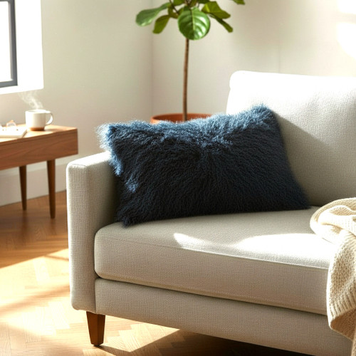 Tibetan Lamb Fur Lumbar Pillow Petrol Blue