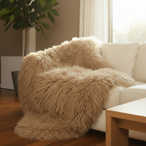 Tibetan Mongolian Lamb Fur Throw Blanket Dark Beige 4' x 6' 