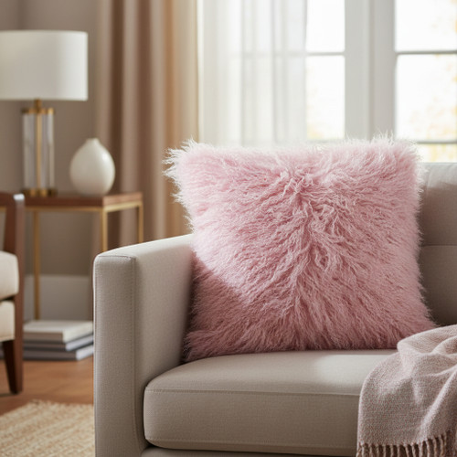 Mongolian Fur Pillow Double Sided Rose Quartz 