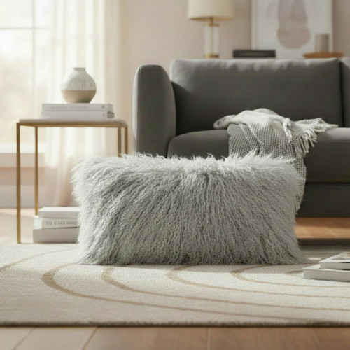 Tibetan Lamb Fur Lumbar Pillow Grey