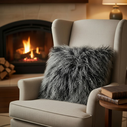 Mongolian Lamb Fur Pillow Frosted Black