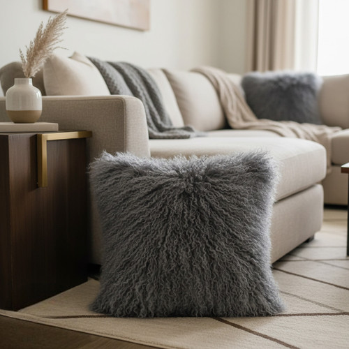 18" x 18" Mongolian Lamb Fur Pillow Grey 