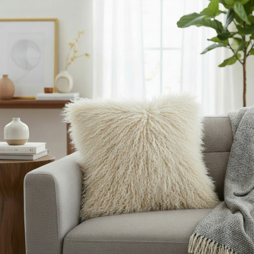 Mongolian Lamb Fur Pillow Beige