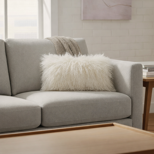 Tibetan Lamb Fur Lumbar Pillow Beige 