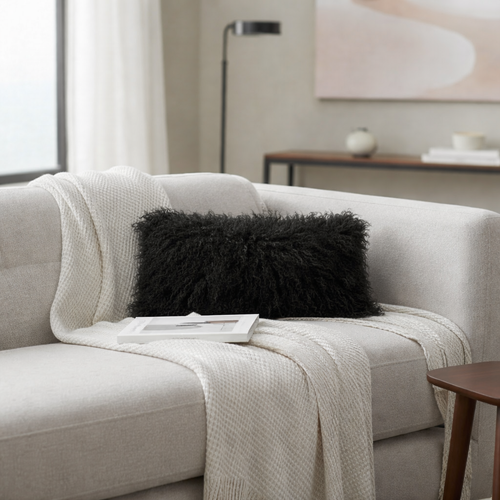 9" x 17" Tibetan Lamb Fur Lumbar Pillow Black 