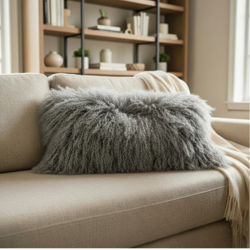 Tibetan Lamb Fur Lumbar Pillow Grey