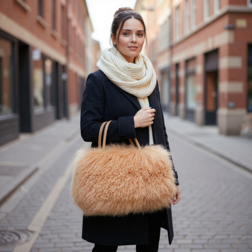 Classic Tibetan Mongolian Lamb Fur Tote Camel