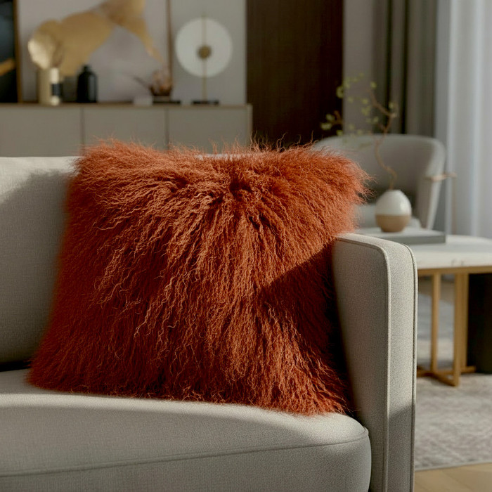 Mongolian Lamb Fur Pillow Copper Red