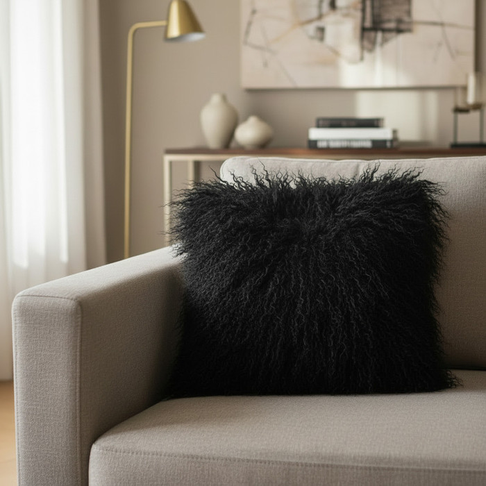 20" x 20" Mongolian Lamb Fur Pillow Black 