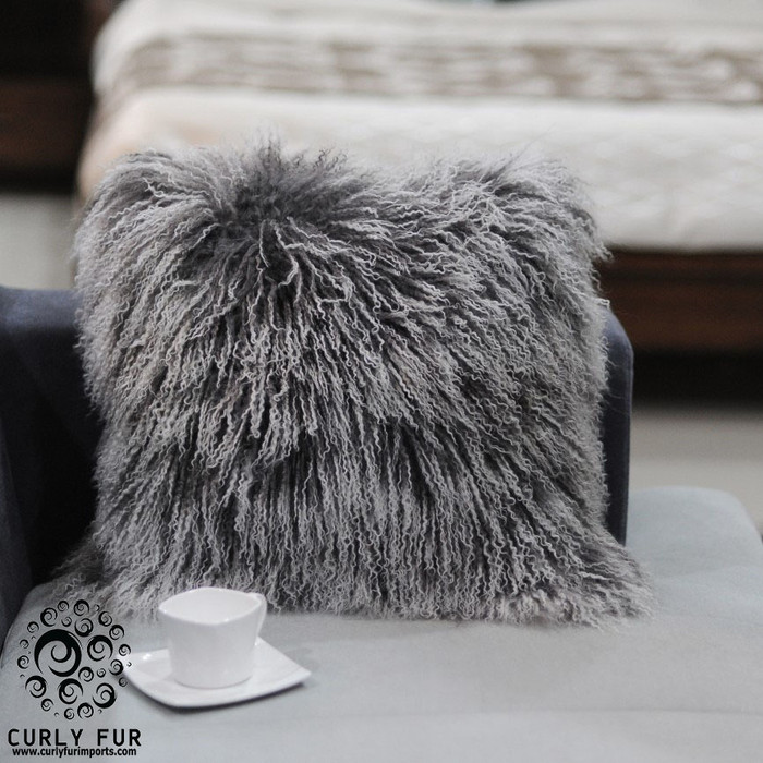 Mongolian Lamb Fur Pillow Frosted Grey 