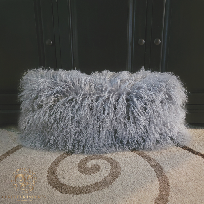 22" x 11" Mongolian Lamb Fur Pillow Double Sided Fur Light Gray 