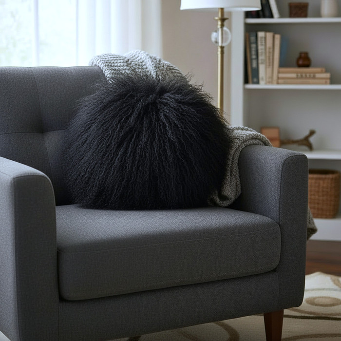 Round Mongolian Lamb Fur Pillow Black