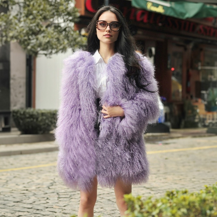 Tibetan Mongolian Lamb Fur Coat Lilac