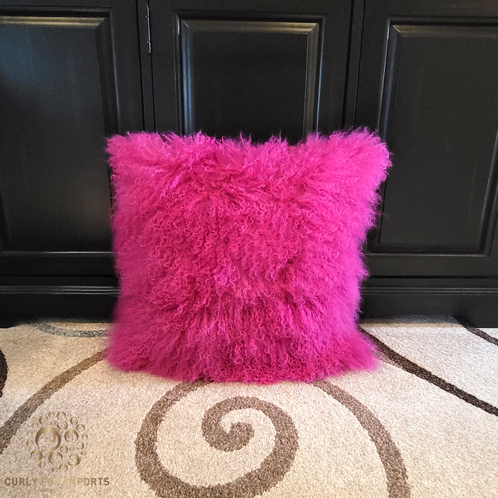 22" x 22" Tibetan Lamb Fur Pillow Hot Pink 