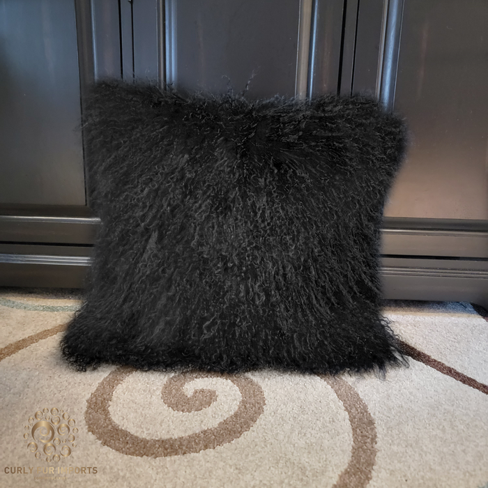 Mongolian Lamb Fur Pillow Double Sided Fur Jet Black