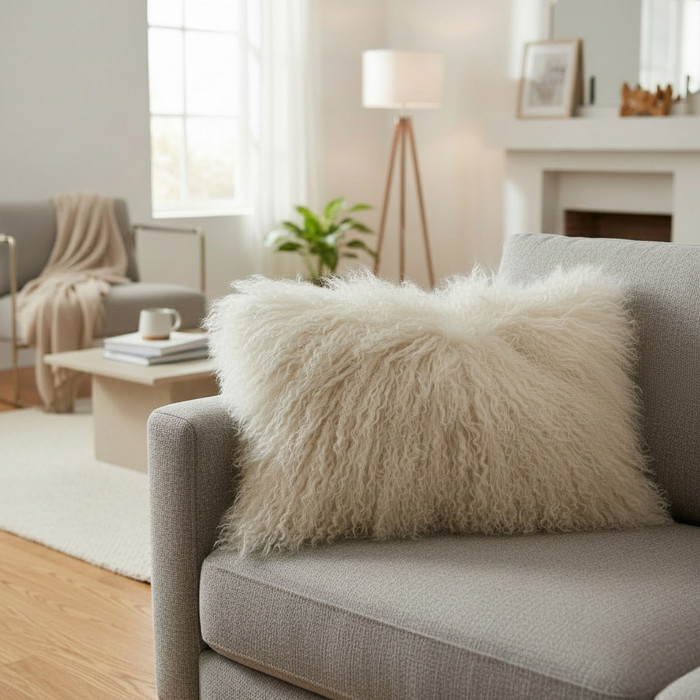 Tibetan Lamb Fur Lumbar Pillow Beige 