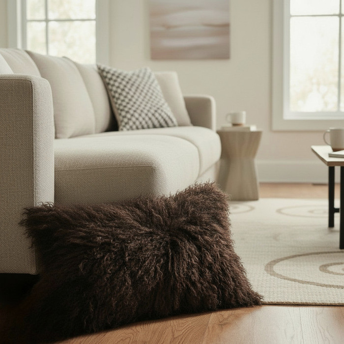 12" x 20" Tibetan Lamb Fur Lumbar Pillow Dark Brown