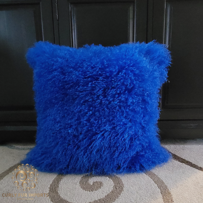 Mongolian Lamb Fur Pillow Double Sided Fur Royal Blue Mongolian Lamb Fur Pillow Double Sided Fur Royal Blue