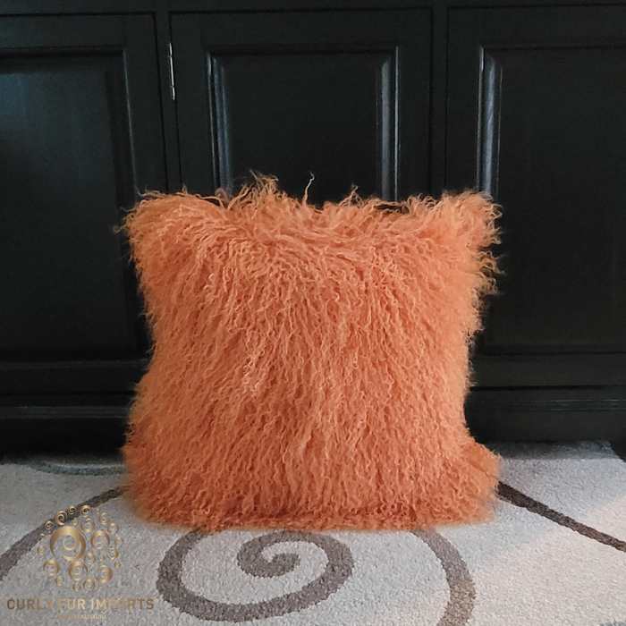 Mongolian Lamb Fur Pillow Double Sided Fur Soft Orange