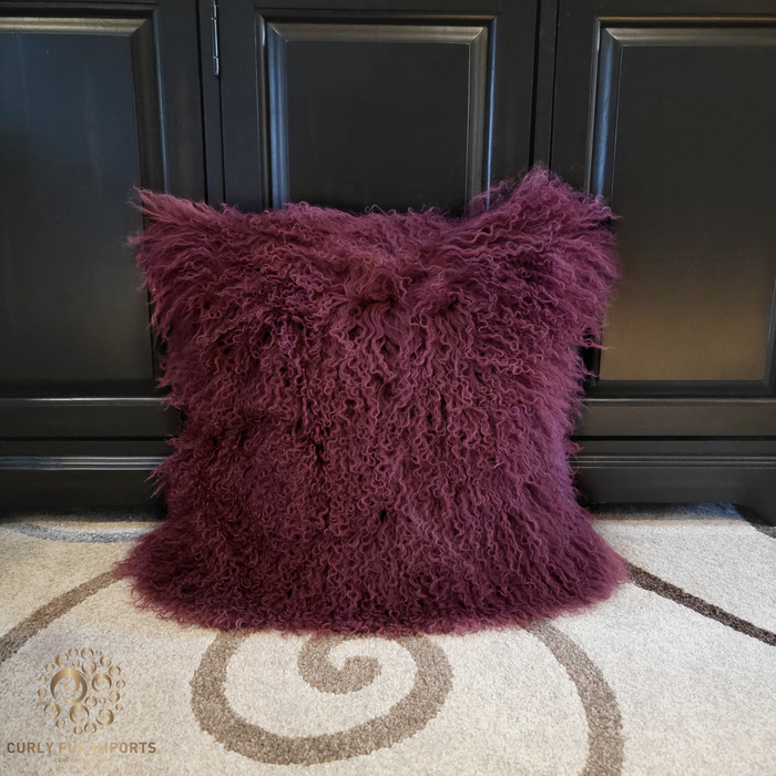 Mongolian Lamb Fur Pillow Wine Berry 