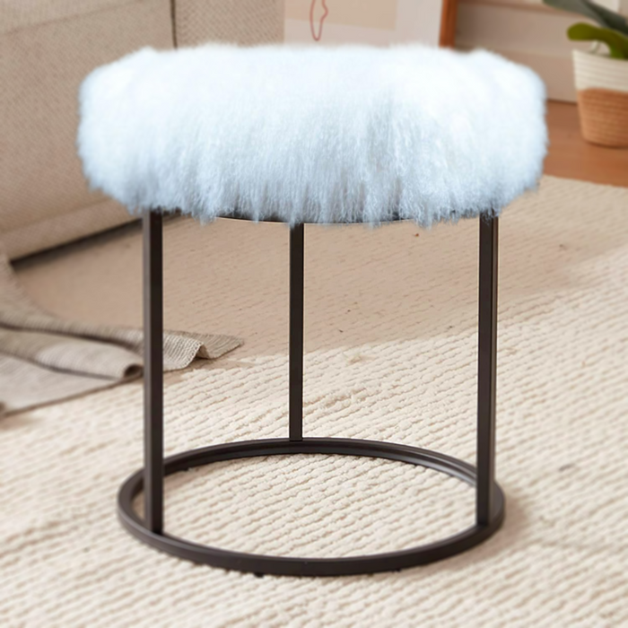 Tibetan Mongolian Lamb White Fur Stool Black Base  Tibetan Mongolian Lamb White Fur Stool Black Base