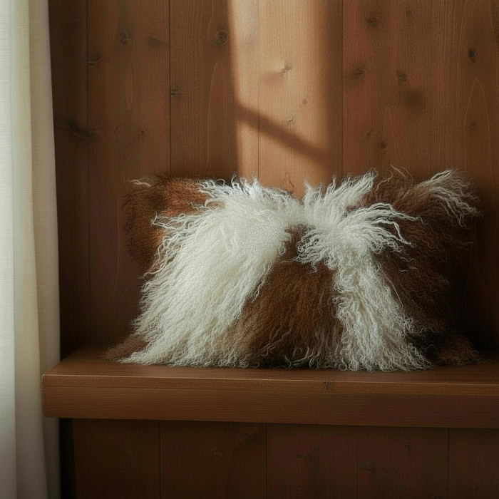 Tibetan Lamb Fur Lumbar Pillow Natural Spotted Brown
