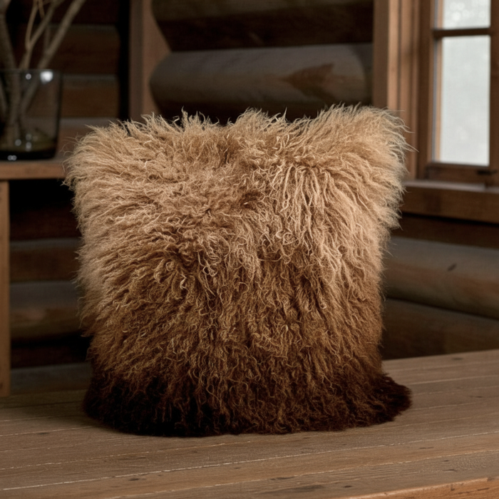  16" x 16" Mongolian Lamb Fur Pillow wheat esspresso Ombre