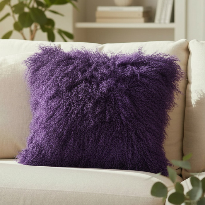  18" x 18" Mongolian Lamb Fur Pillow Dark Purple