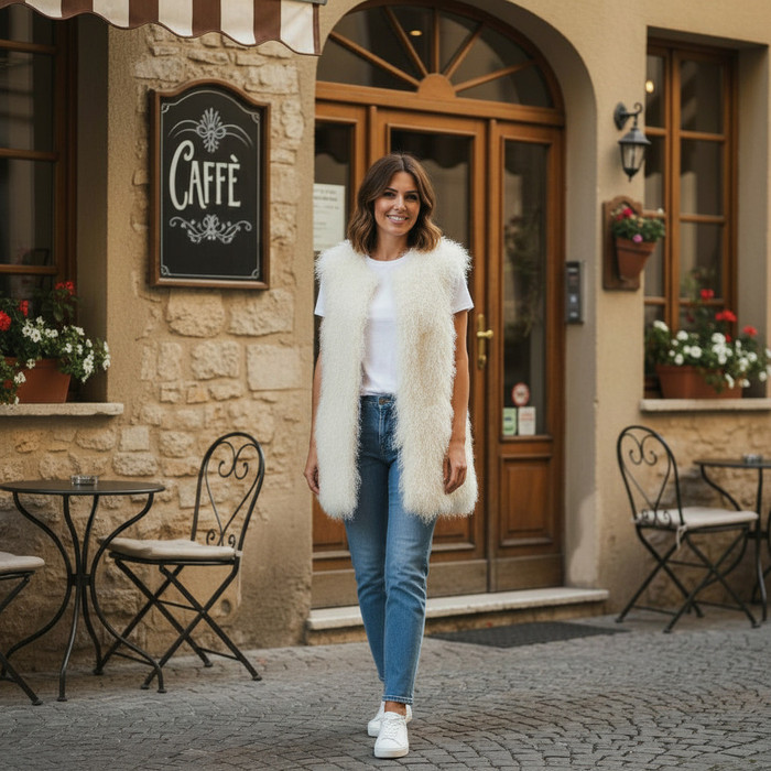 31" Tibetan Mongolian Lamb Fur Vest Ivory Beige