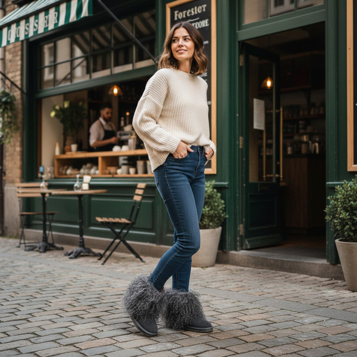 fur Mid Calf Boots Charcoal 