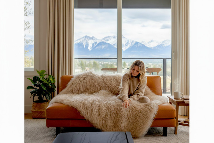 Mongolian Lamb Fur Throw Blanket Dark Beige