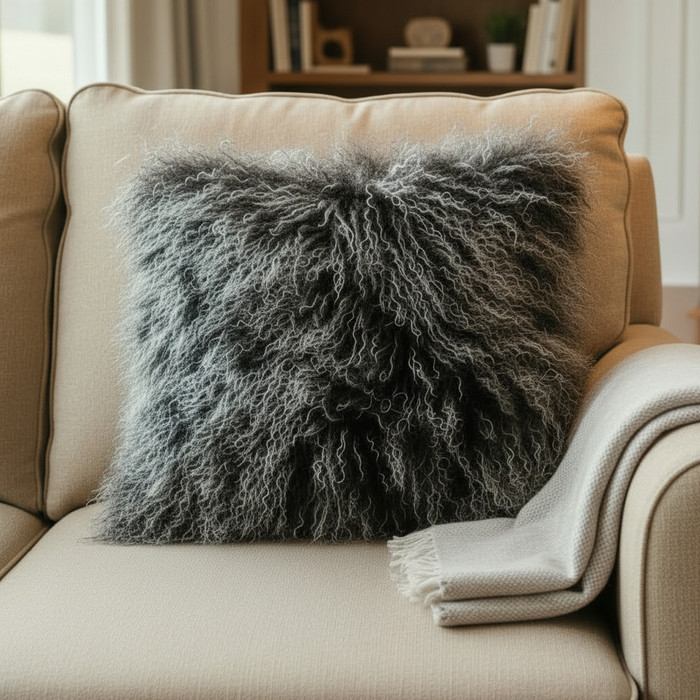 Tibetan Lamb Fur Pillow Frosted Black