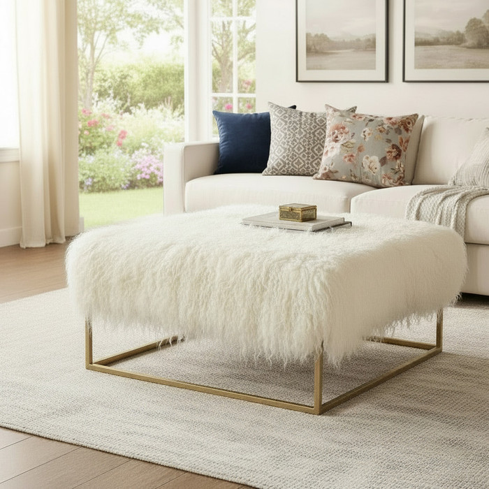 Mongolian Lamb Fur Ottoman Bench – Gold Metal Base