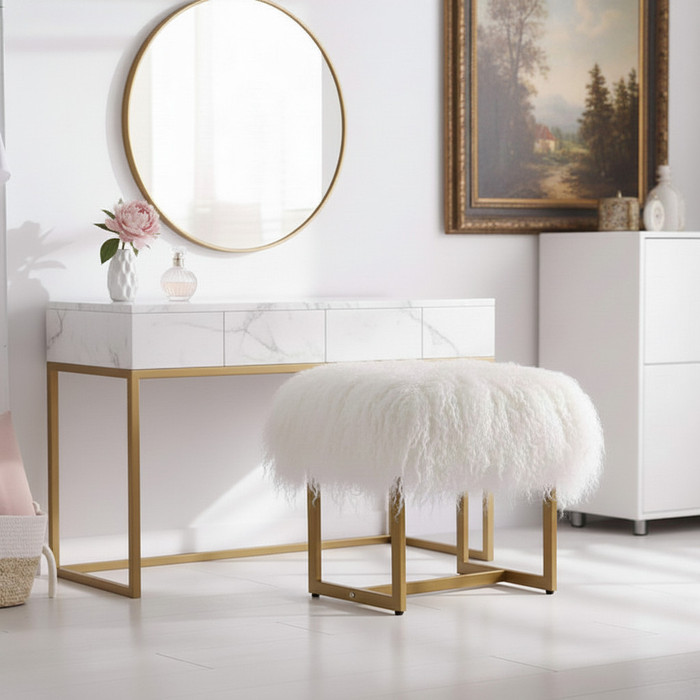 Mongolian Lamb Fur Rectangle Vanity Stool Gold Metal Legs
