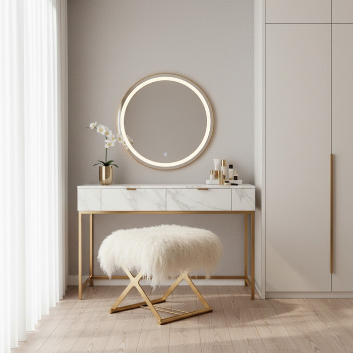 Mongolian Lamb Fur Rectangle Vanity Stool Gold X Metal Legs