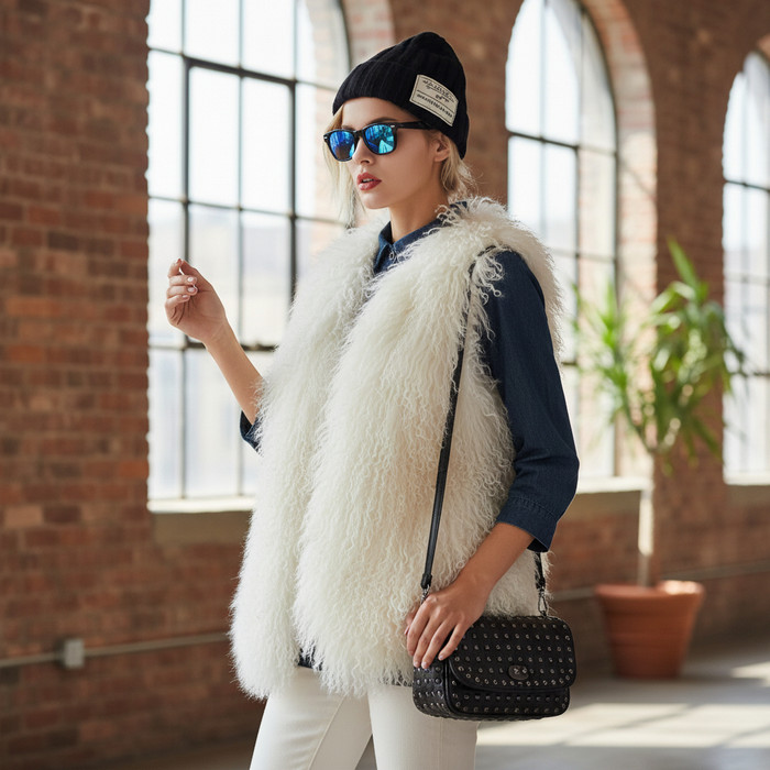 Tibetan Mongolian Lamb Fur Vest Bleached White