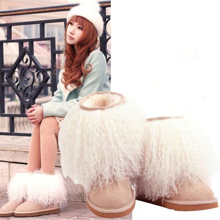 Genuine Beige Mongolian Lamb Fur Sheepskin Boots