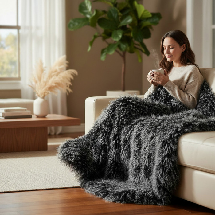 Mongolian Lamb Fur Throw Blanket Frosted Black 