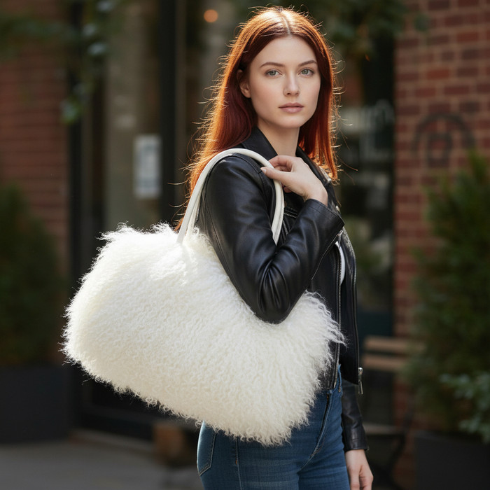 Mongolian Lamb Fur Tote White