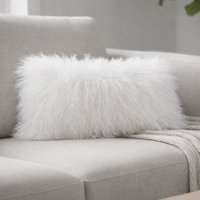 Tibetan Lamb Fur Lumbar Pillow Bleached White 