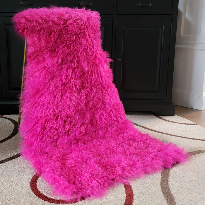 Tibetan Mongolian Lamb Fur Sheepskin Plate Shocking Pink