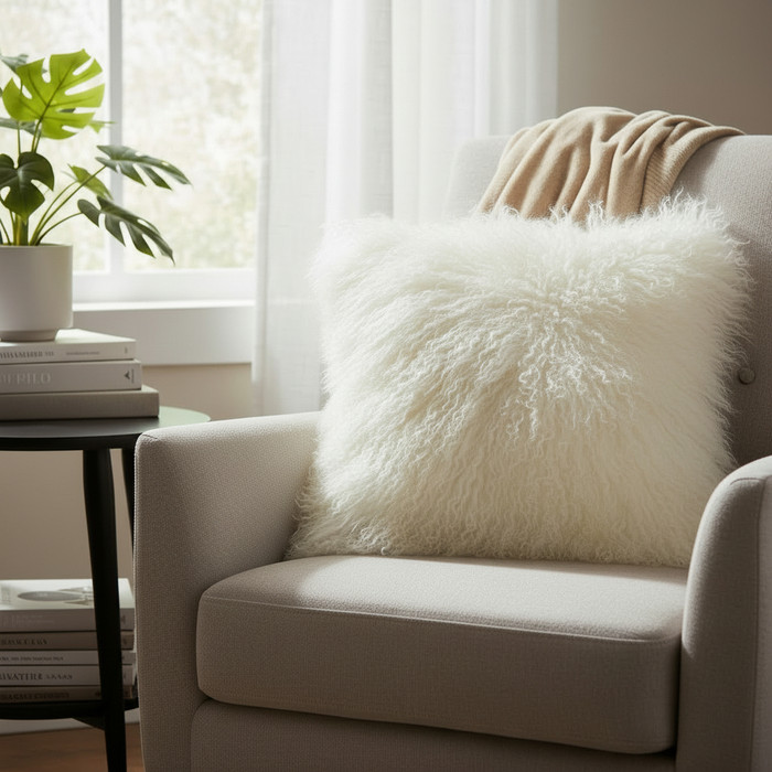 Tibetan Lamb Fur Pillow Natural White