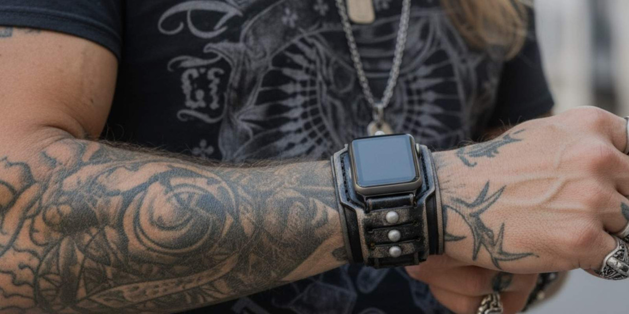 mean wearing a rugged leather apple watch band on a tattooed arm 